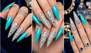 A three-panel collage of vibrant turquoise stiletto nails featuring extravagant, fully crystal-encrusted accent nails.