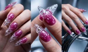 A three-panel collage of translucent magenta jelly stiletto nails featuring textured clear 3D gel swirls and water droplets.