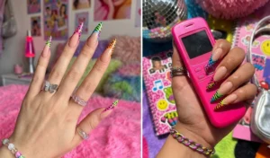 A two-panel collage of glossy nude stiletto nails featuring ultra-long, neon-colored animal print French tips.