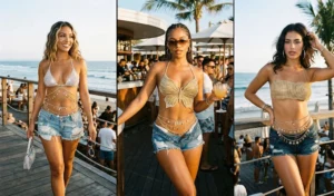 A three-panel collage of women at a beachfront day club wearing glamorous McBling style rhinestone-studded bikini tops paired with low-rise distressed denim shorts and layered belly chains.