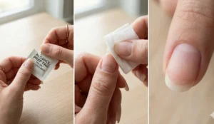 A three-panel collage demonstrating natural nail preparation, featuring an opened alcohol prep pad, wiping a bare coffin-shaped nail with the pad, and a close-up of a perfectly clean, matte nail bed.