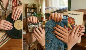 Collage of groovy 1970s-inspired swirl nail art designs using primary red, blue, and yellow colors.