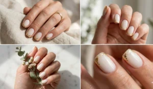 "Multi-angle collage of short squoval nails painted in sheer coconut milk white polish with delicate gold foil flakes near the cuticles."