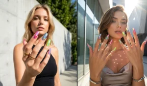 A split-screen photo highlighting chromatic rainbow glazed acrylic nails with a sleek, metallic holographic chrome finish reflecting multiple colors.