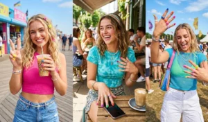 A three-panel collage showcasing a Skittle manicure with a different bright neon color on every finger, paired with colorful summer fashion.