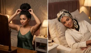 Split image showing overnight hair protection to preserve a blowout, featuring the high pineapple ponytail method with a scrunchie and wrapping the hair in a friction-reducing silk scarf.