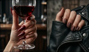Two-panel collage displaying glossy cherry mocha and deep bordeaux red manicures.