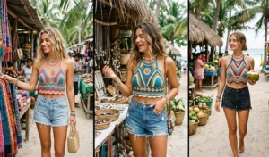 Crochet halter tops with denim shorts