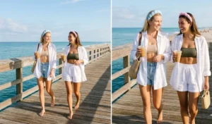 A side-by-side photo of two women walking on a beach pier wearing oversized, unbuttoned white linen shirts over ribbed bandeau bikini tops with plush terry cloth headbands in their hair.