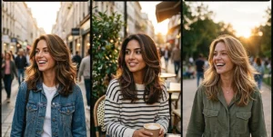 A photo collage of three women wearing the modern Rachel cut blowout with smooth, seamlessly blended face-framing layers full of body and movement.