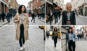 A four-panel image of women modeling a textured undone shoulder-length lob with deliberately imperfect, piece-y waves and a matte finish.
