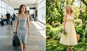 Two comfortable summer dress styles showing a relaxed grey cotton tank dress for travel and a smocked pastel yellow dress for casual wear.