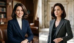 Two women sporting the sophisticated old money sleek and bouncy bob hairstyle with a high-shine finish and elegant beveled edges.