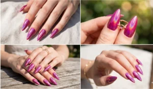 A four-panel collage highlighting bright holographic fuchsia chrome stiletto nails reflecting sunlight in different angles.