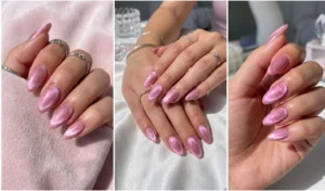 "Three different angles of baby pink velvet magnetic spring nails showcasing a multidimensional, crushed-velvet optical illusion."