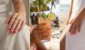 Three-panel collage showing sunset aura gradient nails with peach, tangerine, and magenta airbrushed finishes.