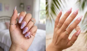 : "Collage of early 2000s airbrushed butterfly nail art featuring soft pink and lilac aura backgrounds with crisp white butterfly silhouettes."