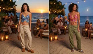 A split-screen showing women in an evening beach lounge wearing sequined butterfly motif halter tops and low-rise linen trousers.