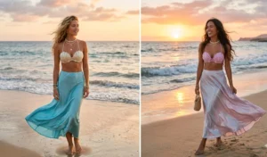 A side-by-side photo of two women standing by the ocean in elegant mermaidcore outfits, featuring scalloped seashell bikini tops, flowing silk maxi skirts, and puka shell pearl chokers.