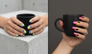 Modern abstract color-blocking nail art with geometric neon shapes separated by metallic chrome lines.