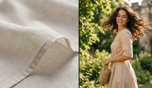 two-panel split-screen photo. The left panel shows a close-up of breathable 100% cotton voile fabric blowing in the breeze. The right panel shows a woman in a soft beige cotton poplin dress on a sunny day.