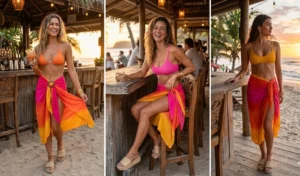 A 3-panel collage of women wearing vibrant orange, pink, and yellow sunset-colored sarongs tied at the hip over ribbed bikinis at a tropical beach bar.