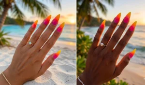 A two-panel collage showing a seamless tropical sunset gradient on long stiletto nails, blending vibrant orange, magenta, and yellow.