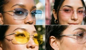 A four-panel close-up collage of women wearing rimless tinted sunglasses with gradient blue, pink, and yellow lenses featuring rhinestone details.