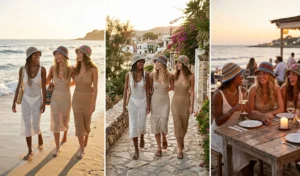 A three-panel collage of women at the beach wearing artisanal open-knit crochet midi dresses as swimsuit cover-ups, accessorized with colorful textured crochet bucket hats.