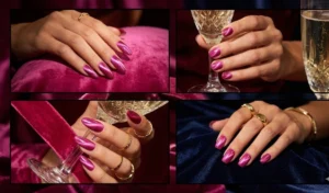 Four close-ups of hot pink magnetic cat-eye polish creating a luxurious crushed velvet nail texture.