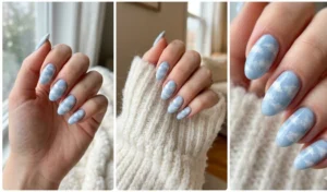 Dreamy fluffy cloud nail art on a soft sky-blue base, showcasing an easy DIY sponge diffusion technique.