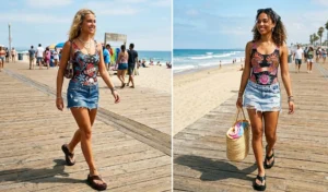 A split-screen image of two women on a boardwalk wearing early 2000s tattoo-art swimsuits and distressed denim micro-skirts with platform thong sandals.