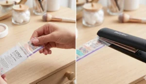 A two-panel collage showing unused nail polish strips being returned to their clear plastic sleeve, and a hair straightener clamping down on the open end to create an airtight seal for future use.