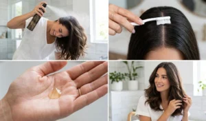 Four-step collage of blowout finishing touches, including applying dry texturizing spray to the roots, using a toothbrush to tame part-line flyaways, and micro-oiling the ends for shine.
