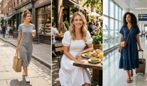 A visual guide to wearing cotton dresses for different daily occasions, featuring a comfortable T-shirt dress for errands, a chic smocked dress for brunch, and a flowy midi dress for travel.
