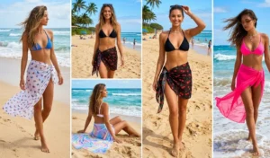 A four-part collage displaying sheer mesh sarongs in butterfly, cherry, watercolor, and neon pink prints blowing in the ocean breeze.
