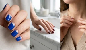 Modern negative space half-moon nail design featuring unpainted cuticles contrasted with bold polish colors on natural nails.