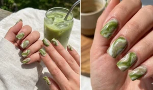 "Split-screen view of matcha latte marble nails featuring fluid, organic swirls of creamy matcha green, milky white, and sandy taupe."