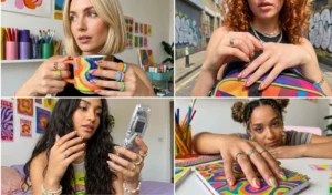 A four-panel collage showing retro 90s neon swirl nail art in pink, green, and orange over a clear base on a stylish woman's hands.