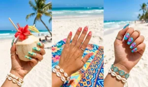 Three hands displaying bright tropical nail art with hand-painted hibiscus flowers in a Coconut Girl aesthetic.