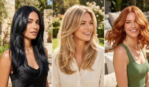 A 3-panel collage highlighting the liquid-shine textured blowout, showcasing ultra-glossy, reflective mid-length hair with piecey separation.
