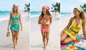 A split-screen collage of three women on a sunny beach modeling Y2K coconut girl fashion, wearing vibrant hibiscus print halter tops with matching micro skirts and printed silk head bandanas.