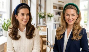 A side-by-side image of two women wearing thick padded headbands, pushing back their mid-length hair to showcase highly voluminous, bouncy ends.