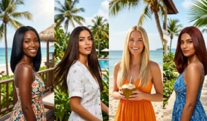"A 4-panel collage showing women with frizz-free, humidity-defying sleek blowouts in a bright tropical setting."