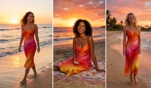 A three-panel collage of women at the beach during sunset wearing lightweight, flowing slip dresses featuring gradient ombre colors of fiery orange, soft pink, and yellow.