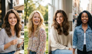 Collage of four women with fine hair styled into airy, voluminous soft blowouts to create the illusion of density and thickness.