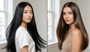 "A split-screen showing two women demonstrating the sharp center-parted liquid hair trend with highly reflective, straight locks."