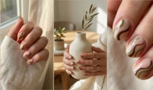 Elegant abstract minimalist swirl nail art featuring organic, sweeping curves in earthy green and brown tones on a nude base.