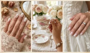 Three-panel collage showcasing coquette aesthetic nails with milky white base, tiny bows, and pearl details.