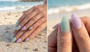"Split-screen view of spring sea glass matte nails in frosted seafoam green and soft lilac with subtle gold leaf details."